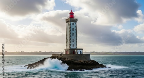 Tall, striped tower with red light guards rocky island against crashing ocean waves