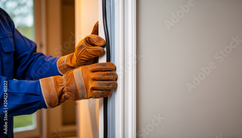 Close up of professional technician hands wearing heavy protective leather gloves installing black rubber weather stripping seal into a white pvc window frame