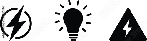 Black lightning bolt in circle light bulb and warning triangle icons electricity power