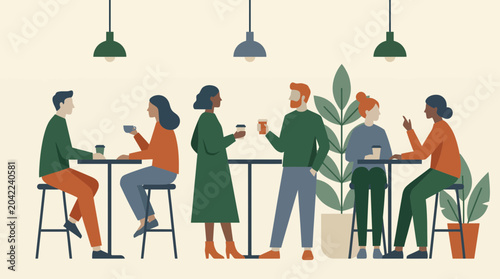 Diverse group of people sitting and standing while talking and drinking coffee in a modern minimalist cafe interior illustration, representing social gathering and community lifestyle