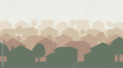 Abstract minimalist silhouette of suburban residential neighborhood houses and trees in earthy tones, representing real estate development and illustrating community urban planning concepts