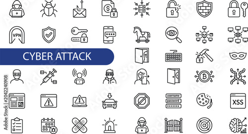 Cyber attack line icon set featuring hacker, data breach, malware, phishing, security threat, virus, re vector illustration for security dashboard and UI UX design.