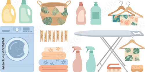 Laundry equipment icons display a washing machine, detergent bottles, clothing hangers, and an ironing board setup.