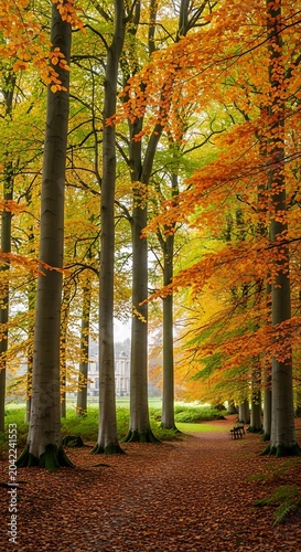 Tall trees with vibrant autumn foliage line a path strewn with fallen leaves