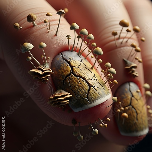 Tiny mushrooms sprout from cracked fingernails, a surreal close-up