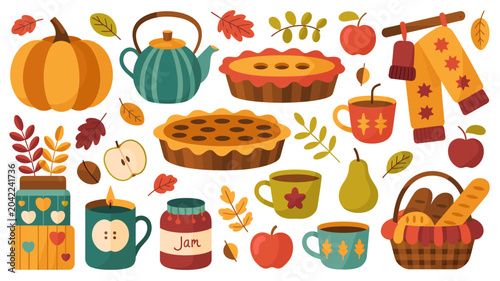 Cuadro en lienzo autumn themed colorful vector illustration fall pumpkin pie apple tea cup leaves