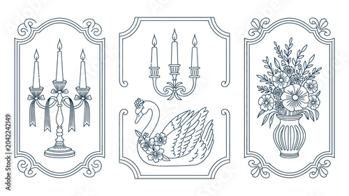 Cuadro en lienzo five elegant blue tone illustrations candelabra swan flowers vase line art ornat