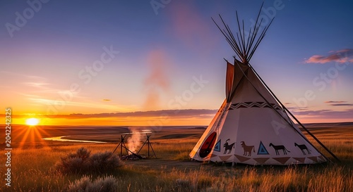 Tipis and campfire on a vast prairie at sunset, illuminated by golden light