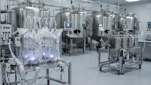 Medium shot of a smart sensorized singleuse bioreactor showing integrated inline analytics for efficient antigen production in a modern lab environment. Medium shot capturing