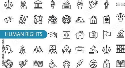 Human Rights line icon set featuring equality, justice, freedom, law, diversity, peace, and advocacy.