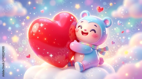 Adorable pastel colored cartoon bear character with a joyful expression happily hugging a large shiny red heart in a dreamy magical sky filled with glowing stars and soft fluffy clouds