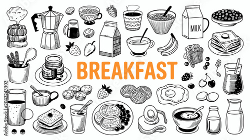 Bild auf Leinwand breakfast food collection line art illustration black white orange text milk cof