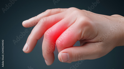 Close-up of a hand with redness and inflammation of the finger joints. Medical concept of rheumatism, arthritis, gout, joint pain.
