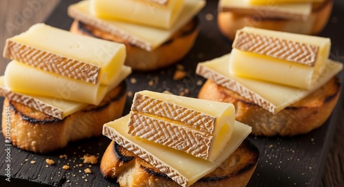 Toasted bread topped with layered cheese slices, close-up, appetizing