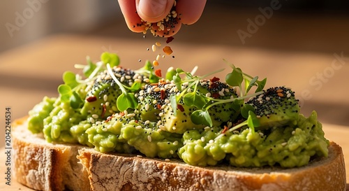 Toasted bread topped with creamy avocado and sprinkled seeds