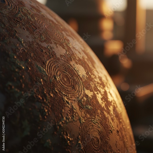 Close-up of Textured Globe with Circular Patterns in Warm Lighting