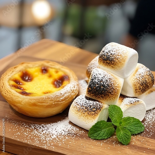 Toasted marshmallows and a custard tart dusted with powdered sugar