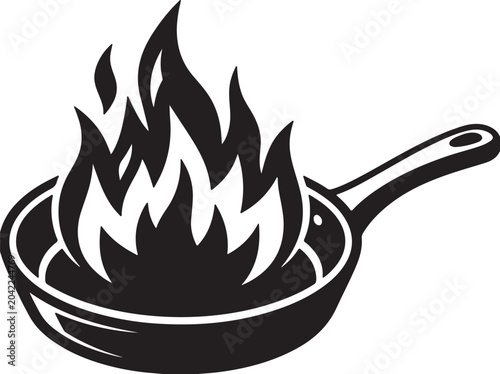 A black and white illustration of a frying pan on fire