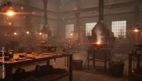 Interior of a Vintage Blacksmith Workshop with Tools and Warm Lighting