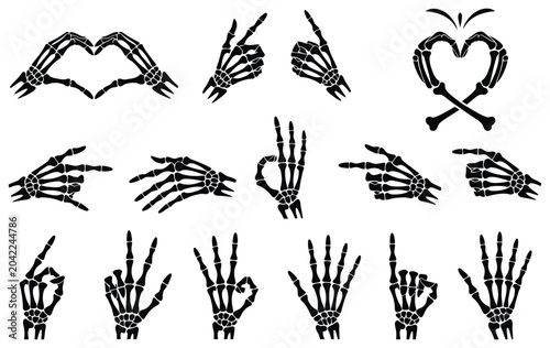 Skeleton Hand Gestures Vector Set Featuring Black Flat Finger Poses and Cut File Designs for Halloween Crafts, Stickers and Apparel