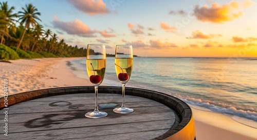 Toasting champagne with cherries on a barrel at a tropical beach at sunset