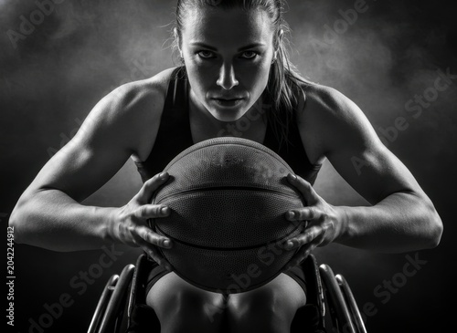 Strong Female Wheelchair Basketball Player in Action, Black and White Photography