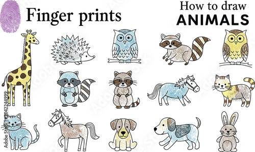 Photos How to Draw Animals Fingerprints Art Instruction Vector Set with Giraffe, Owl, R