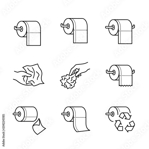 Toilet paper rolls, hands using paper, and recycling symbol icons