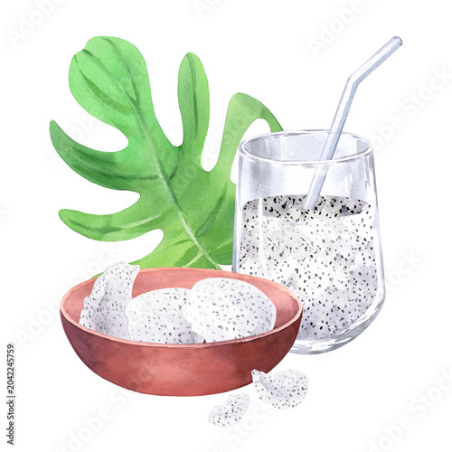 Tableau sur toile Composition of the glass with the pitahaya smoothie, glass straw, bowl with the pitahaya and monstera leaf