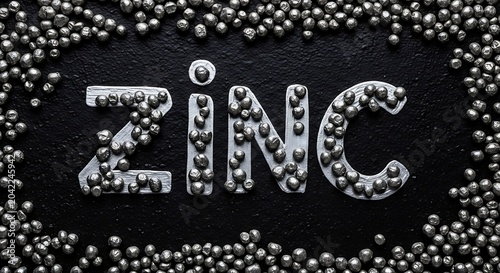 Tiny silver spheres spell out ZINC on a dark, textured surface