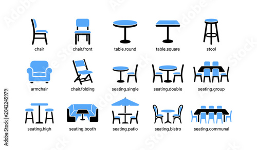 Seating and furniture icons showing chairs and tables in grid