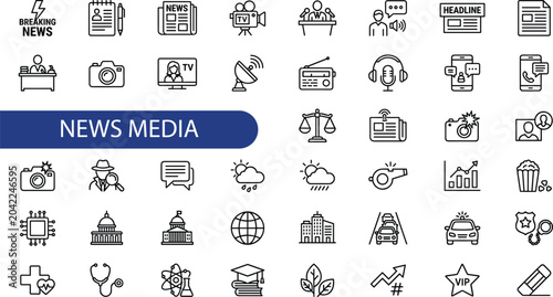 News and media icon set in outline style. Collection of news, media, newspaper, broadcast, journalism, and communication.  icon collection