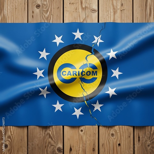 Torn flag with CARICOM logo on rustic wooden background