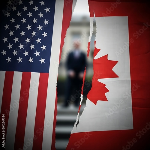 Torn flags of USA and Canada, with blurred figure behind, symbolizing division