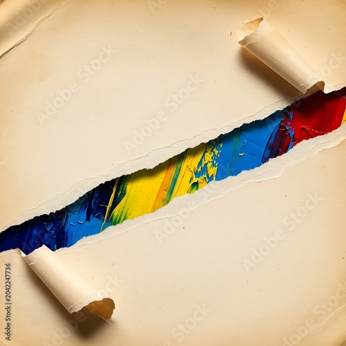 Torn paper reveals vibrant rainbow paint strokes on textured surface