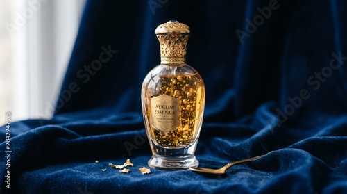 A luxurious glass bottle of aurum essence perfume on a blue velvet cloth