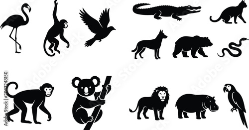 Canvas Print Wildlife Animal Silhouette Icon Set Featuring Flamingo Monkeys Koala Lion Crocod