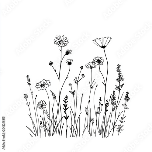 A minimalist, bold line drawing of meadow wildflowers, lavender, and dandelions on a white background. Featuring crisp black outlines with no shading, ideal for an adult coloring book.