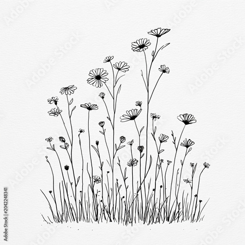 A minimalist, bold line drawing of meadow wildflowers, lavender, and dandelions on a white background. Featuring crisp black outlines with no shading, ideal for an adult coloring book.