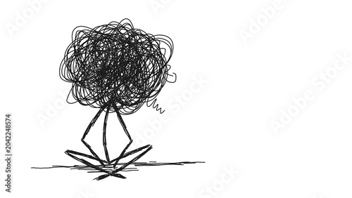 Depressed stick figure sitting cross-legged with messy scribble head, transparent background. Metaphor for overthinking, anxiety, stress, and mental health issues.