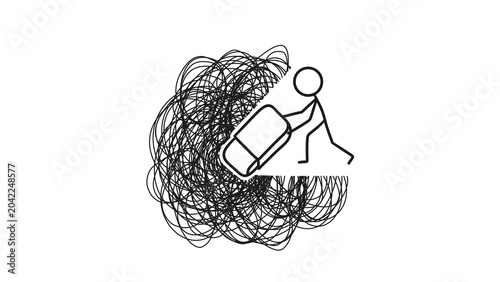 Stick figure erasing messy scribble tangle with eraser, mental health therapy concept. Conceptual metaphor for psychotherapy, problem-solving, mind clearing, and stress relief.