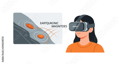 Woman Wearing VR Headset Studying Earthquake Magnitudes in Virtual Reality Educational Simulation