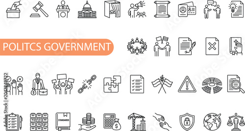 Quadro su tela politics and government line icon set featuring democracy, election, and public policy symbols