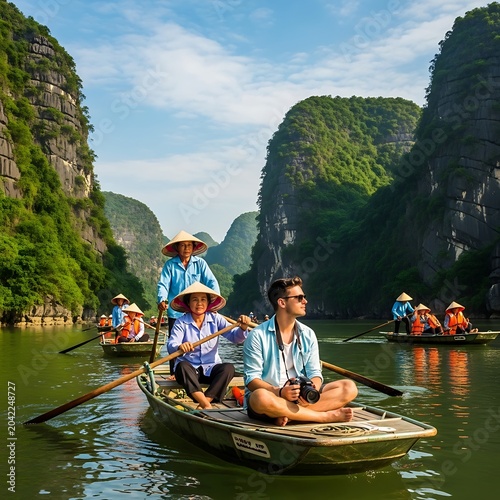 Tourist rows boat through lush green karst landscape with traditional rowers
