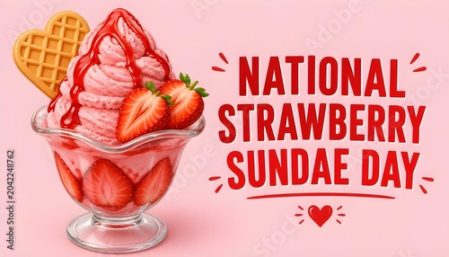 National Strawberry Sundae Day vector illustration. Strawberry ice cream sundae with whipped cream, pink icing and wafer vector. Ice cream cup with strawberries drawing. July 7 of every year