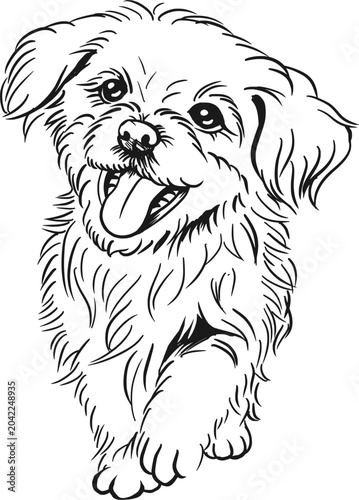 Smiling Puppy Dog Vector Drawing with Tongue Out, Cute Fluffy Pet Character Illustration, Hand Drawn Canine Line Art, Black and White Animal Coloring Page Design for Kids and Nursery