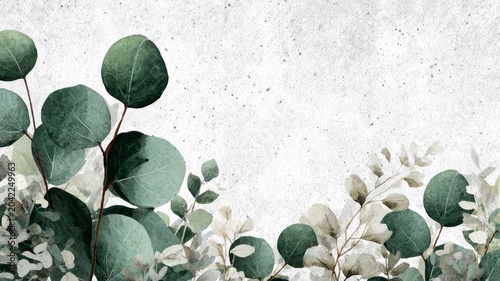 Soft green eucalyptus leaves frame a textured gray background