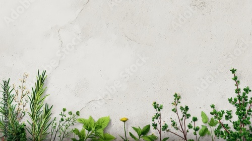 Fresh herbs grow along a textured white wall