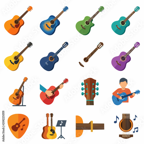 Colorful Collection of Flat Vector Acoustic Guitar Icons