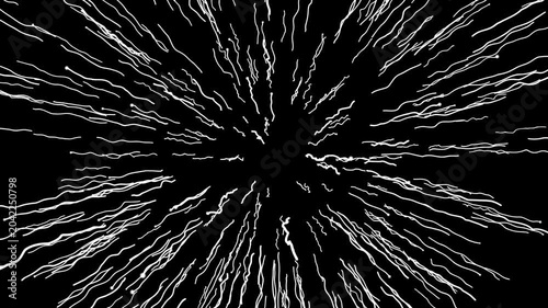 White motion burst speed lines animation, comic style action effects with seamless on soild black screen background and dramatic anime inspired movement visuals